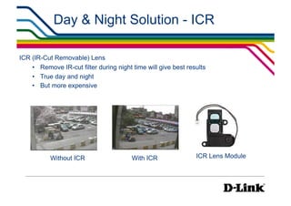 Day & Night Solution - ICR

ICR (IR-Cut Removable) Lens
    •  Remove IR-cut filter during night time will give best results
    •  True day and night
    •  But more expensive




           Without ICR                   With ICR               ICR Lens Module
 