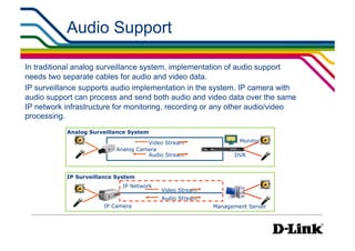 Audio Support                                             IP Surveillance Essential
                                                                                       •  Audio




In traditional analog surveillance system, implementation of audio support
needs two separate cables for audio and video data.
IP surveillance supports audio implementation in the system. IP camera with
audio support can process and send both audio and video data over the same
IP network infrastructure for monitoring, recording or any other audio/video
processing.
           Analog Surveillance System

                                     Video Stream                Monitor
                           Analog Camera
                                     Audio Stream              DVR



           IP Surveillance System
                             IP Network
                                          Video Stream
                                          Audio Stream
                       IP Camera                         Management Server
 