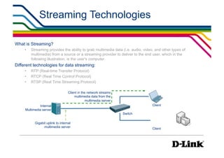 Streaming Technologies                                                  IP Networking Essential
                                                                                            •  Local Area Network




What is Streaming?
     •    Streaming provides the ability to grab multimedia data (i.e. audio, video, and other types of
          multimedia) from a source or a streaming provider to deliver to the end user, which in the
          following illustration, is the user's computer.
Different technologies for data streaming:
     •    RTP (Real-time Transfer Protocol)
     •    RTCP (Real Time Control Protocol)
     •    RTSP (Real Time Streaming Protocol)

                                    Client in the network streams
                                        multimedia data from the
                                                 multimedia server
              Internal                                                             Client
     Multimedia server
                                                                     Switch

            Gigabit uplink to internal
                  multimedia server
                                                                                   Client
 