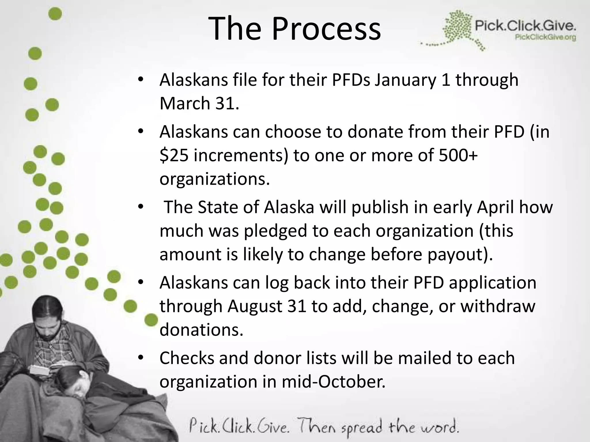 The Process
• Alaskans file for their PFDs January 1 through
March 31.
• Alaskans can choose to donate from their PFD (in
$25 increments) to one or more of 500+
organizations.
• The State of Alaska will publish in early April how
much was pledged to each organization (this
amount is likely to change before payout).
• Alaskans can log back into their PFD application
through August 31 to add, change, or withdraw
donations.
• Checks and donor lists will be mailed to each
organization in mid-October.

 