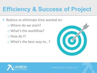 Reduce or eliminate time wasted on:
o Where do we start?
o What’s the workflow?
o How do I?
o What’s the best way to…?
Efficiency & Success of Project
 