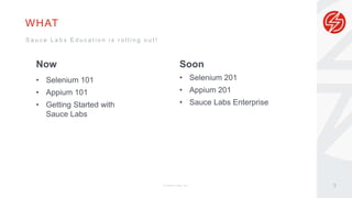 WHAT
Now
• Selenium 101
• Appium 101
• Getting Started with
Sauce Labs
© Sauce Labs, Inc. 3
S a u c e L a b s E d u c a t i o n i s r o l l i n g o u t !
Soon
• Selenium 201
• Appium 201
• Sauce Labs Enterprise
 