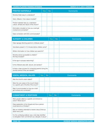 PRINTED MATERIALS Yes No Comments
Worship folder easy to understand?
Vision, Mission, Core values included?
Printed materials help you understand
culture, climate and nature of this church?
Information included on how you could get
involved and connected?
Clear connection with ECC communicated?
NURSERY & CHILDREN Yes No Comments
Clear signage directing parents to childcare areas?
Volunteers present 5-10 minutes before children arrive?
Written information on how children are cared for?
Worship service accessible to children?
Are they included?
Is the sign-in process welcoming?
Is the childcare area safe, secure, and sanitary?
Is there a clear process for contacting parents during the
worship service if they are needed?
VISION, MISSION, VALUES Yes No Comments
Was the church’s vision stated?
Were the core values of the church linked
to a specific part of the life of the church?
Was it communicated on how you could
get involved and connected?
COMMITMENT & RESPONSE Yes No Comments
Were people called to a specific commitment or
action? What was it?
Clear explanation of the Gospel and how a person
could become a Christian?
Was an invitation extended to receive Jesus Christ as
Savior and Lord?
For the confessing believer was a next step identified
to strengthen their commitment as a disciple of Jesus?
CHURCH PLANTER TRAINING INTENSIVE! ! MARCH 12-17, 2014 • CHICAGO
PAGE 102! ! WORSHIP SERVICE OBSERVATION GUIDE
 