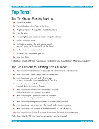 Top Tens!
Top Ten Church Planting Maxims
10. You will be broken
9. Plant behind the plow. Prayer is the plow.
8. People are “polite” (*cough* lie) - don’t believe them :-)
7. 75 is the enemy
6. You can’t plant from behind a desk (or computer screen!)
5. There’s no magic bullet
4. God is in the vision – the devil is in the details
(so don’t ignore the details and derail the vision)
3. Its the relational – not the technical
2. Isolation kills – connection gives life
1. It’s a God thing!
Reﬂection: Which of these maxims are hardest for you to embrace? Most encouraging?
Top Ten Reasons for Starting New Churches
1. New churches needed because vast majority of Americans don’t attend church
2. New churches are more effective at conversion growth
3. New churches are the only truly effective way
to reach the growing ethnic populations in America
4. New churches are needed to stem tide of
ideological moral erosion in America
5. New churches have historically been the best method
for reaching each emerging new generation
6. New churches give a group of connected churches
“market share” and greater inﬂuence in their community
7. New churches grow exponentially faster than established churches
8. New churches are a test laboratory for church leadership development
9. New churches are the research & development unit of God’s Kingdom
10. New churches provide excellent on-the-job training for energetic young pastors
Reﬂection: Which of these reasons resonates most with you?
CHURCH PLANTER TRAINING INTENSIVE! ! MARCH 12-17, 2014 • CHICAGO
PAGE 116! ! TOP TEN LISTS
 