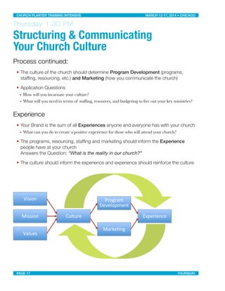 Thursday 1:30 PM
Structuring & Communicating
Your Church Culture
Process continued:
• The culture of the church should determine Program Development (programs,
stafﬁng, resourcing, etc.) and Marketing (how you communicate the church)
• Application Questions
• How will you incarnate your culture?
• What will you need in terms of stafﬁng, resources, and budgeting to live out your key ministries?
Experience
• Your Brand is the sum of all Experiences anyone and everyone has with your church
• What can you do to create a positive experience for those who will attend your church?
• The programs, resourcing, stafﬁng and marketing should inform the Experience
people have at your church
Answers the Question: “What is the reality in our church?”
• The culture should inform the experience and experience should reinforce the culture
Vision&
Mission&
Values&
Culture&
Marke0ng&
Program&
Development&
Experience&
CHURCH PLANTER TRAINING INTENSIVE! ! MARCH 12-17, 2014 • CHICAGO
PAGE 17! ! THURSDAY
 