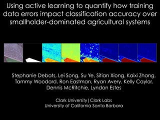 Using active learning to quantify how training
data errors impact classification accuracy over
smallholder-dominated agricultural systems
Stephanie Debats, Lei Song, Su Ye, Sitian Xiong, Kaixi Zhang,
Tammy Woodard, Ron Eastman, Ryan Avery, Kelly Caylor,
Dennis McRitchie, Lyndon Estes
Clark University|Clark Labs
University of California Santa Barbara
 