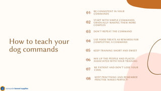 How to teach your
dog commands
01
04
07
02
05
08
BE CONSISTENT IN YOUR
COMMANDS
START WITH SIMPLE COMMANDS
GRADUALLY MAKING THEM MORE
COMPLEX
DON’T REPEAT THE COMMAND
MIX UP THE PEOPLE AND PLACES
ASSOCIATED WITH YOUR TRAINING
USE FOOD TREATS AS REWARDS FOR
COMPLETING A COMMAND
BE PATIENT AND DON’T LOSE YOUR
COOL
KEEP TRAINING SHORT AND SWEET
KEEP PRACTISING AND REMEMBER
PRACTISE MAKES PERFECT!
03
06
 