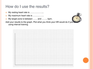 How do I use the results?
 My resting heart rate is ………………..
 My maximum heart rate is …………….
 My target zone is between …… and …….. bpm.
Add your results to the graph. Plot what you think your HR would do if you were
using interval training.
 
