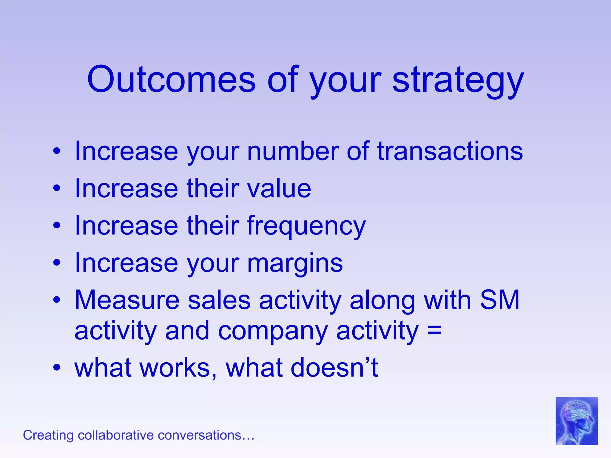 Outcomes of your strategy Increase your number of transactions Increase their value Increase their frequency Increase your margins Measure sales activity along with SM activity and company activity =  what works, what doesn’t 