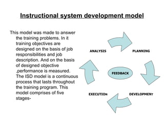 Instructional system development model This model was made to answer the training problems. In it training objectives are designed on the basis of job responsibilities and job description. And on the basis of designed objective ,performance is measured. The ISD model is a continuous process that lasts throughout the training program. This model comprises of five stages- FEEDBACK PLANNING DEVELOPMEN T EXECUTIO N ANALYSIS 