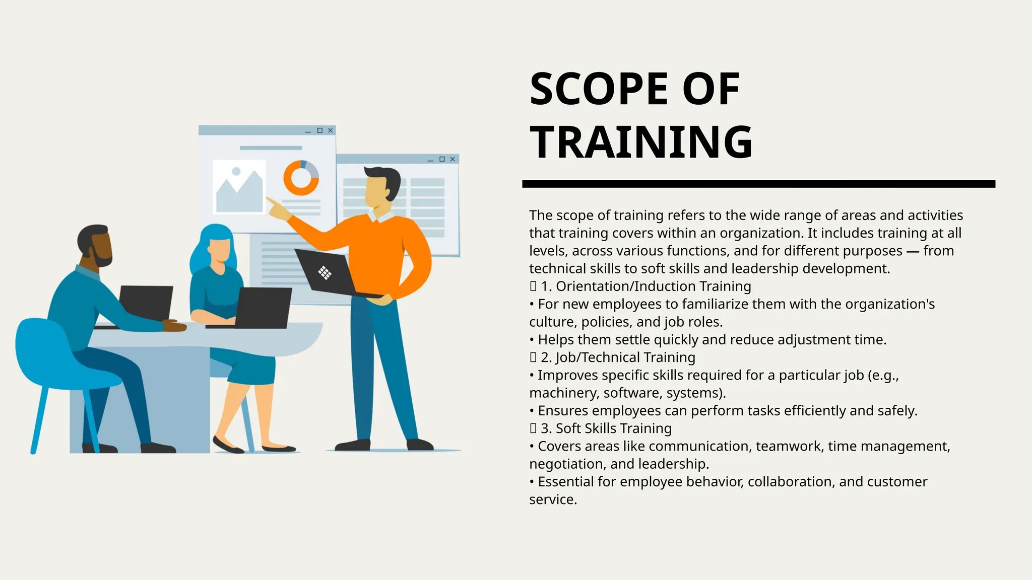 SCOPE OF
TRAINING
The scope of training refers to the wide range of areas and activities
that training covers within an organization. It includes training at all
levels, across various functions, and for different purposes — from
technical skills to soft skills and leadership development.
🔹 1. Orientation/Induction Training
• For new employees to familiarize them with the organization's
culture, policies, and job roles.
• Helps them settle quickly and reduce adjustment time.
🔹 2. Job/Technical Training
• Improves specific skills required for a particular job (e.g.,
machinery, software, systems).
• Ensures employees can perform tasks efficiently and safely.
🔹 3. Soft Skills Training
• Covers areas like communication, teamwork, time management,
negotiation, and leadership.
• Essential for employee behavior, collaboration, and customer
service.
 