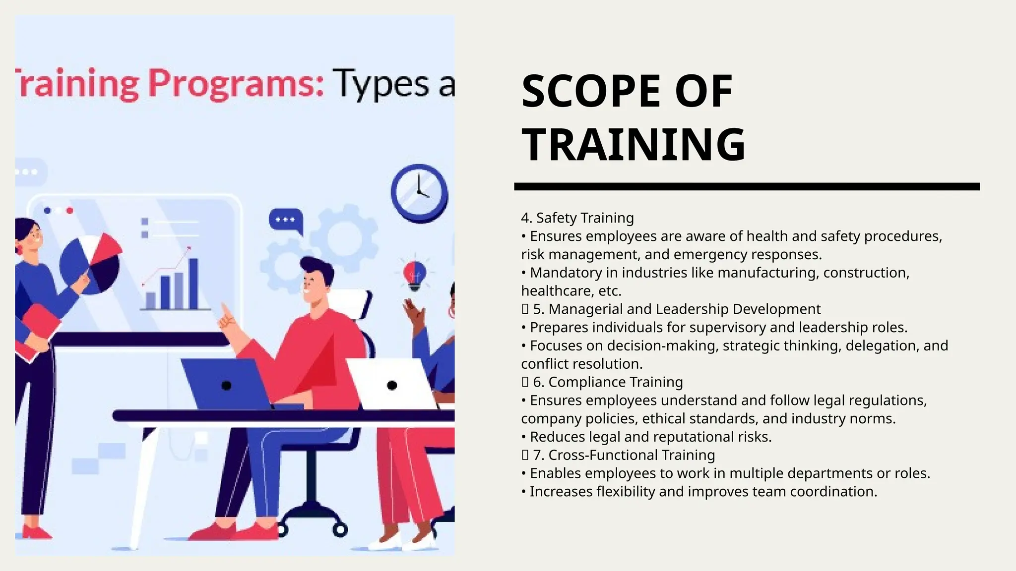 SCOPE OF
TRAINING
4. Safety Training
• Ensures employees are aware of health and safety procedures,
risk management, and emergency responses.
• Mandatory in industries like manufacturing, construction,
healthcare, etc.
🔹 5. Managerial and Leadership Development
• Prepares individuals for supervisory and leadership roles.
• Focuses on decision-making, strategic thinking, delegation, and
conflict resolution.
🔹 6. Compliance Training
• Ensures employees understand and follow legal regulations,
company policies, ethical standards, and industry norms.
• Reduces legal and reputational risks.
🔹 7. Cross-Functional Training
• Enables employees to work in multiple departments or roles.
• Increases flexibility and improves team coordination.
 