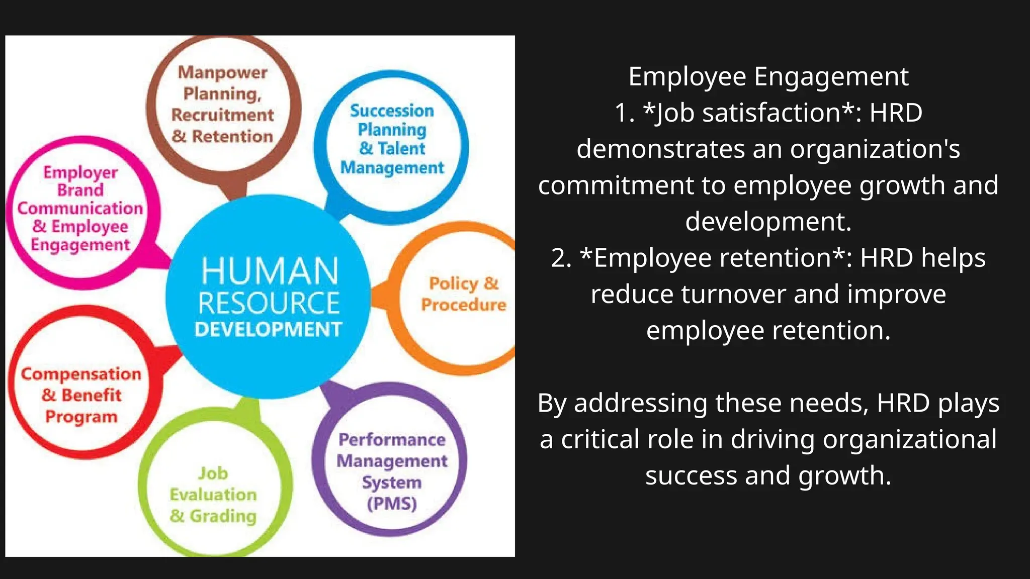 Employee Engagement
1. *Job satisfaction*: HRD
demonstrates an organization's
commitment to employee growth and
development.
2. *Employee retention*: HRD helps
reduce turnover and improve
employee retention.
By addressing these needs, HRD plays
a critical role in driving organizational
success and growth.
 