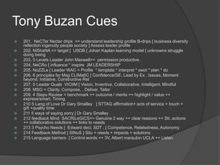 Tony Buzan Cues
 201. NeCTar Nectar drips == understand leadership profile B-drips [ business diversity
reflection ingenuity people society ] Assess leader profile
 202. NiShaNA == target [ USDB [ Johari Kaplan learning model [ unknowns struggle
doing being
 203. 5 Levels Leader John Maxwell== permission productive .
 204. NeCRo [ influence * inspire JM LEADERSHIP
 205. NoZZLe [ Leader WAC = Profile * template * interpret * swot * plan * do
 206. 6 principles for Msg CLIMatIC [ Confidence/SE, Lead by Ex , Issues, Moment
beyond, Initiative, Constructive Rel
 207. 5 Leader Quals VICtIM [ Vision, Inventive, Collaborative, Intelligent, Mindful
 208. MSG = Clarity, Compose, , Deliver, Tailor
 209. 4 Steps Review = benchmark ++ outcome / merits ++ highlight / value ++
express/smart, Timing
 210 5 Lang of Love Dr Gary Smalley ] STTAG affirmation+ acts of service + touch +
gift +quality time
 211 5 ways of saying sorry [ Dr Gary Smalley
 212 feedback Mind SACRiLeGiCS== Genuine 2 way ++ clear reasons ++ Str..actions
++ collaborative solutions ++ links to needs
 213 3 Psycho Needs [ Edward deci, SDT , [ Competence, Relatedness, Autonomy
 214 Feedback Method [ SINuS ] Situ + needs + impacts + solutions
 215 Language barriers [ Control words ++ 3V, Albert maraubin UCLA ++ Listen
 