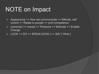 NOTE on Impact
 Appearance ++ How we communicate ++ Attitude, self
control ++ Relate to people ++ prof competence
 outcomes >> Impact ++ Pressure ++ Motivate ++ Enable
Change
 LOOK ++ DO ++ SPEAK [HOW ] ++ SAY [ What ]
 