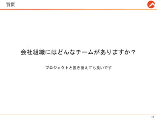 会社組織にはどんなチームがありますか？
プロジェクトと置き換えても良いです
13
質問
 