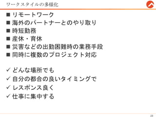 ワークスタイルの多様化
 リモートワーク
 海外のパートナーとのやり取り
 時短勤務
 産休・育休
 災害などの出勤困難時の業務手段
 同時に複数のプロジェクト対応
23
 どんな場所でも
 自分の都合の良いタイミングで
 レスポンス良く
 仕事に集中する
 
