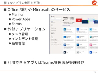 様々なアプリの利用が可能
 Office 365 や Microsoft のサービス
 Planner
 Power Apps
 Forms
 外部アプリケーション
 タスク管理
 インシデント管理
 顧客管理
 利用できるアプリはTeams管理者が管理可能
33
 