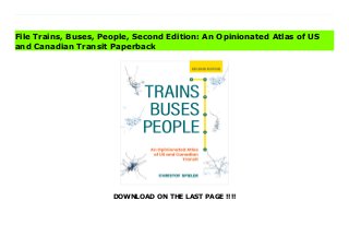 DOWNLOAD ON THE LAST PAGE !!!!
Download Here https://ebooklibrary.solutionsforyou.space/?book=1642832138 “Gets right to the point: put [transit] where the people are...The author combines detailed knowledge and a refreshing frankness...Keep this book within easy reach.” -Planning In some US and Canadian cities, transit has quietly been expanding and improving over the last few years, despite funding and ridership challenges. How do we assess the advances and failures of our current systems to move forward strategically and wisely? The first edition of Trains, Buses, People was dubbed “a transit wonk’s bible” and guided “a smarter conversation about urban transit” in the US. This second edition is fully updated and expanded to include eight Canadian cities and two new US cities (Indianapolis and San Juan, Puerto Rico). In Trains, Buses, People, Second Edition: An Opinionated Atlas of US and Canadian Transit, transit expert and “transportation hero” Christof Spieler provides a new section on inclusivity to help agencies understand how to welcome riders regardless of race, gender, income, or disability. Select cities include new maps overlaying transit and poverty data, and systems that have started construction since the first edition in 2018 have been added. Other new sections address network typologies, guideway types, station types, and fares. Spieler has spent over a decade advocating for transit as a writer, community leader, urban planner, transit board member, and enthusiast. He strongly believes that just about anyone—regardless of training or experience—can identify what makes good transit with the right information. In the fun, accessible, and visually appealing Trains, Buses, People, Second Edition: An Opinionated Atlas of US and Canadian Transit, Spieler shows how cities can build successful transit. He profiles the 49 metropolitan areas in the US and eight metropolitan areas in Canada that have rail transit or BRT, using data, photos, and maps for easy comparison. Spieler ranks the best and worst
systems and he offers analysis of how geography, politics, and history complicate transit planning. He shows how the unique circumstances of every city have resulted in very different transit systems.Trains, Buses, People, Second Edition is intended for non-experts—it will help any citizen, professional, or policymaker with a vested interest evaluate a transit proposal and understand what makes transit effective. It shows that it is possible, with the right tools, to build good transit. Read Online PDF Trains, Buses, People, Second Edition: An Opinionated Atlas of US and Canadian Transit Read PDF Trains, Buses, People, Second Edition: An Opinionated Atlas of US and Canadian Transit Download Full PDF Trains, Buses, People, Second Edition: An Opinionated Atlas of US and Canadian Transit
File Trains, Buses, People, Second Edition: An Opinionated Atlas of US
and Canadian Transit Paperback
 