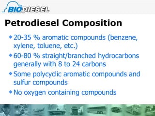 Petrodiesel Composition 20-35 % aromatic compounds (benzene, xylene, toluene, etc.) 60-80 % straight/branched hydrocarbons generally with 8 to 24 carbons  Some polycyclic aromatic compounds and sulfur compounds No oxygen containing compounds 