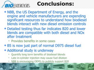 Conclusions:  NBB, the US Department of Energy, and the engine and vehicle manufacturers are expending significant resources to understand how biodiesel blends interact with new diesel emission controls Detailed testing thus far indicates B20 and lower blends are compatible with both diesel and NOx after treatment Provides benefits in some cases B5 is now just part of normal D975 diesel fuel  Additional study is underway Quantify long term benefits of biodiesel blends Late in-cylinder injection may cause fuel dilution NBB is encouraging OEM’s to publicly support B20 