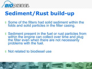Sediment/Rust build-up   Some of the filters had solid sediment within the folds and solid particles in the filter casing.  Sediment present in the fuel or rust particles from within the engine can collect over time and plug the filter even when there are not necessarily problems with the fuel. Not related to biodiesel use 