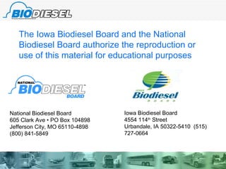 The Iowa Biodiesel Board and the National Biodiesel Board authorize the reproduction or use of this material for educational purposes National Biodiesel Board 605 Clark Ave • PO Box 104898 Jefferson City, MO 65110-4898 (800) 841-5849  Iowa Biodiesel Board  4554 114 th  Street Urbandale, IA 50322-5410  (515) 727-0664  