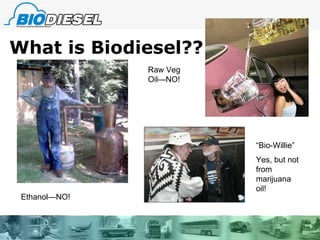 What is Biodiesel?? Ethanol—NO! Raw Veg Oil—NO! “ Bio-Willie” Yes, but not from marijuana oil! 