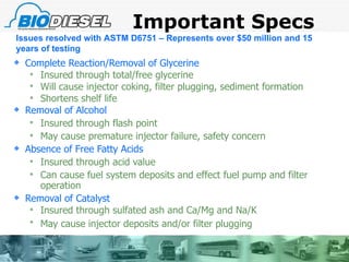 Important Specs Complete Reaction/Removal of Glycerine Insured through total/free glycerine  Will cause injector coking, filter plugging, sediment formation Shortens shelf life Removal of Alcohol Insured through flash point May cause premature injector failure, safety concern Absence of Free Fatty Acids Insured through acid value Can cause fuel system deposits and effect fuel pump and filter operation Removal of Catalyst Insured through sulfated ash and Ca/Mg and Na/K May cause injector deposits and/or filter plugging   Issues resolved with ASTM D6751 – Represents over $50 million and 15 years of testing 