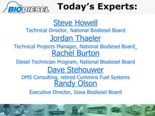 Today’s Experts: Steve Howell Technical Director, National Biodiesel Board Jordan Thaeler Technical Projects Manager, National Biodiesel Board   Rachel Burton Diesel Technician Program, National Biodiesel Board Dave Stehouwer DMS Consulting, retired Cummins Fuel Systems Randy Olson Executive Director, Iowa Biodiesel Board 