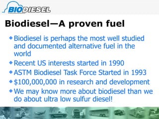 Biodiesel—A proven fuel Biodiesel is perhaps the most well studied and documented alternative fuel in the world Recent US interests started in 1990 ASTM Biodiesel Task Force Started in 1993 $100,000,000 in research and development We may know more about biodiesel than we do about ultra low sulfur diesel! 