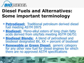 Diesel Fuels and Alternatives:  Some important terminology Petrodiesel:   Traditional petroleum derived diesel fuel meeting ASTM D975 Biodiesel:   Mono-alkyl esters of long chain fatty acids derived from oils/fats meeting ASTM D6751 Biodiesel Blends:   A blend of petrodiesel and biodiesel designated BX, XX = percent of biodiesel Renewable or Green Diesel:   generic category for any other new fuel for diesel engines for which there are no approved ASTM specifications 