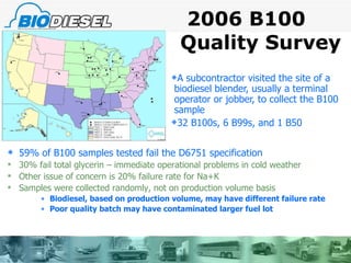 2006 B100 Quality Survey A subcontractor visited the site of a biodiesel blender, usually a terminal operator or jobber, to collect the B100 sample 32 B100s, 6 B99s, and 1 B50 59% of B100 samples tested fail the D6751 specification 30% fail total glycerin – immediate operational problems in cold weather Other issue of concern is 20% failure rate for Na+K Samples were collected randomly, not on production volume basis  Biodiesel, based on production volume, may have different failure rate   Poor quality batch may have contaminated larger fuel lot 