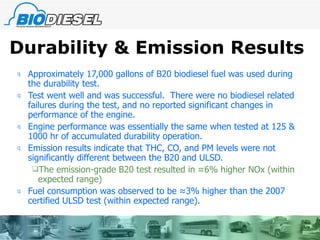 Durability & Emission Results Approximately 17,000 gallons of B20 biodiesel fuel was used during the durability test. Test went well and was successful.  There were no biodiesel related failures during the test, and no reported significant changes in performance of the engine. Engine performance was essentially the same when tested at 125 & 1000 hr of accumulated durability operation. Emission results indicate that THC, CO, and PM levels were not significantly different between the B20 and ULSD.  The emission-grade B20 test resulted in ≈6% higher NOx (within expected range) Fuel consumption was observed to be ≈3% higher than the 2007 certified ULSD test (within expected range). 