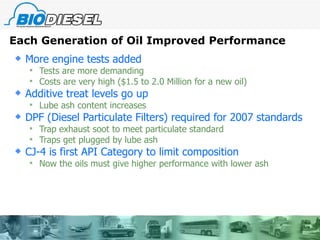 Each Generation of Oil Improved Performance More engine tests added  Tests are more demanding Costs are very high ($1.5 to 2.0 Million for a new oil) Additive treat levels go up Lube ash content increases DPF (Diesel Particulate Filters) required for 2007 standards Trap exhaust soot to meet particulate standard Traps get plugged by lube ash CJ-4 is first API Category to limit composition Now the oils must give higher performance with lower ash 