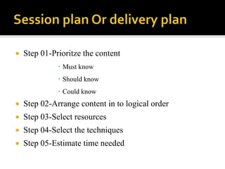 Session plan Or delivery planStep 01-Prioritze the contentMust knowShould knowCould knowStep 02-Arrange content in to logical orderStep 03-Select resourcesStep 04-Select the techniquesStep 05-Estimate time needed 