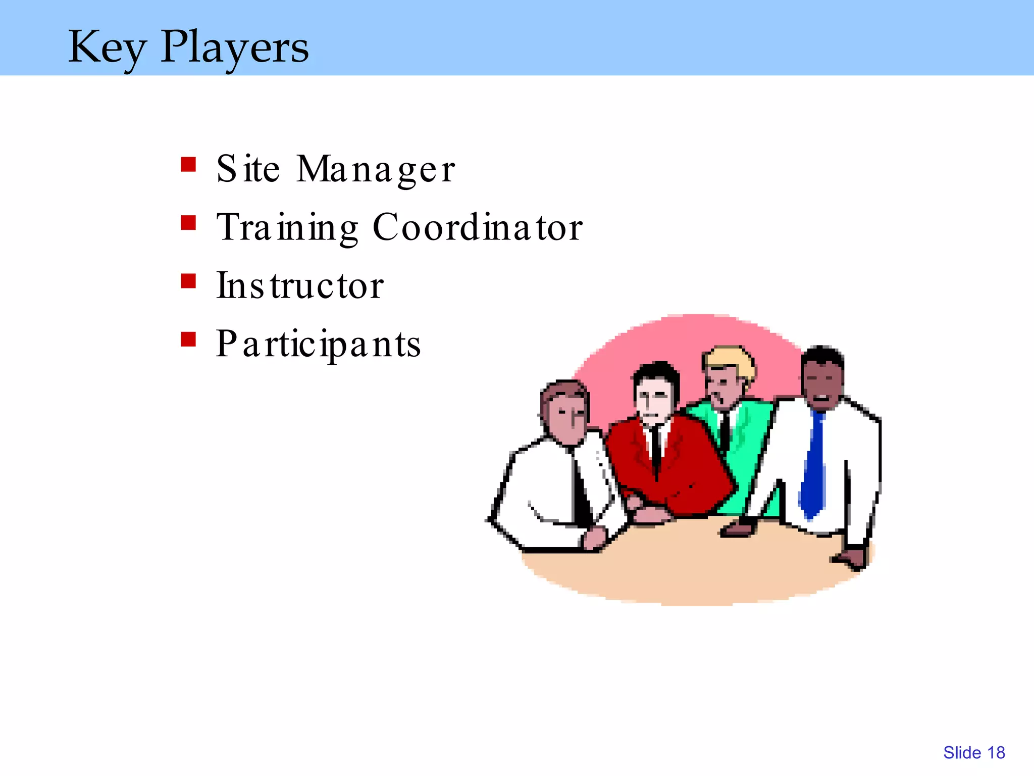 Key Players Site Manager Training Coordinator Instructor Participants 