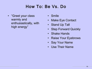 16
How To: Be Vs. Do
• “Greet your class
warmly and
enthusiastically, with
high energy”
• Smile
• Make Eye Contact
• Stand Up Tall
• Step Forward Quickly
• Shake Hands
• Raise Your Eyebrows
• Say Your Name
• Use Their Name
 