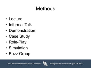 Methods
• Lecture
• Informal Talk
• Demonstration
• Case Study
• Role-Play
• Simulation
• Buzz Group
 
