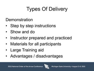Types Of Delivery
Demonstration
• Step by step instructions
• Show and do
• Instructor prepared and practiced
• Materials for all participants
• Large Training aid
• Advantages / disadvantages
 