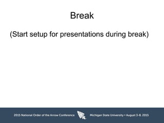 Break
(Start setup for presentations during break)
 