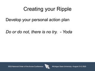 Creating your Ripple
Develop your personal action plan
Do or do not, there is no try. - Yoda
 