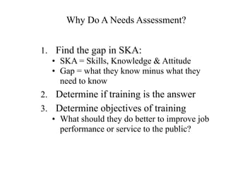Why Do A Needs Assessment?
1. Find the gap in SKA:
• SKA = Skills, Knowledge & Attitude
• Gap = what they know minus what they
need to know
2. Determine if training is the answer
3. Determine objectives of training
• What should they do better to improve job
performance or service to the public?
 
