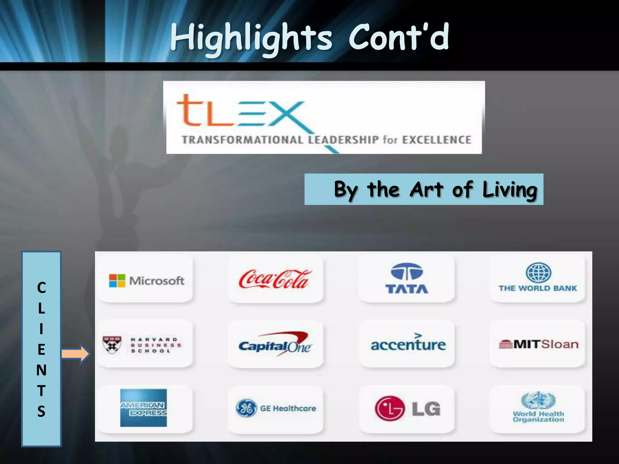 Highlights Cont’d

By the Art of Living

C
L
I
E
N
T
S

 