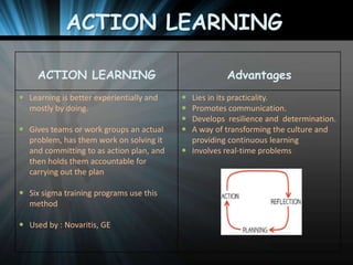 ACTION LEARNING
ACTION LEARNING
 Learning is better experientially and
mostly by doing.
 Gives teams or work groups an actual
problem, has them work on solving it
and committing to as action plan, and
then holds them accountable for
carrying out the plan
 Six sigma training programs use this
method

 Used by : Novaritis, GE

Advantages





Lies in its practicality.
Promotes communication.
Develops resilience and determination.
A way of transforming the culture and
providing continuous learning
 Involves real-time problems

 