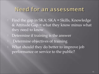 





Find the gap in SKA: SKA = Skills, Knowledge
& Attitude Gap = what they know minus what
they need to know
Determine if training is the answer
Determine objectives of training
What should they do better to improve job
performance or service to the public?

10

 