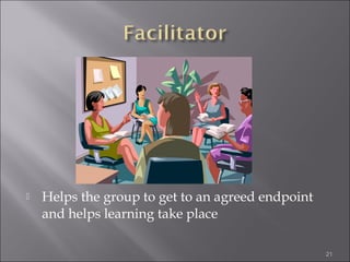 

Helps the group to get to an agreed endpoint
and helps learning take place
21

 
