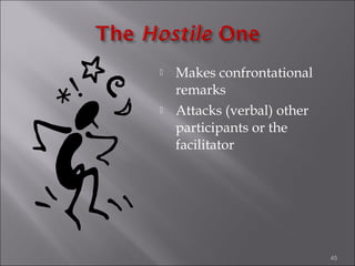 



Makes confrontational
remarks
Attacks (verbal) other
participants or the
facilitator

45

 