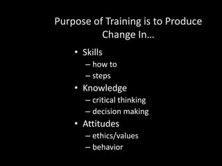 Purpose of Training is to Produce
          Change In…
    • Skills
       – how to
       – steps
    • Knowledge
       ...