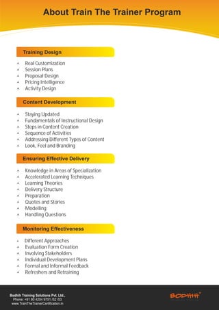 About Train The Trainer Program



        Training Design

    å     Real Customization
    å     Session Plans
    å     Proposal Design
    å     Pricing Intelligence
    å     Activity Design

        Content Development

    å     Staying Updated
    å     Fundamentals of Instructional Design
    å     Steps in Content Creation
    å     Sequence of Activities
    å     Addressing Different Types of Content
    å     Look, Feel and Branding

        Ensuring Effective Delivery

    å     Knowledge in Areas of Specialization
    å     Accelerated Learning Techniques
    å     Learning Theories
    å     Delivery Structure
    å     Preparation
    å     Quotes and Stories
    å     Modelling
    å     Handling Questions

        Monitoring Effectiveness

    å    Different Approaches
    å    Evaluation Form Creation
    å    Involving Stakeholders
    å    Individual Development Plans
    å    Formal and Informal Feedback
    å    Refreshers and Retraining



Bodhih Training Solutions Pvt. Ltd.,
  Phone: +91 80 4204 9751 /52 /53
 www.TrainTheTrainerCertification.in
 